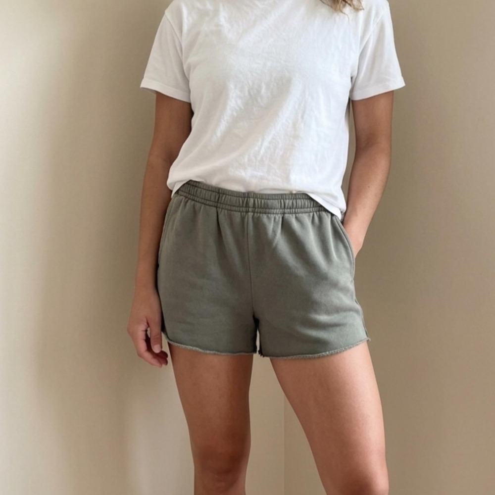 Olive Green Fleece-Lined Sweat Shorts Raw Hem Elastic Waist Cozy Elevated Basic